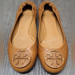 Tory Burch Minnie cognac tan pebbled leather ballet flats size 7.5
